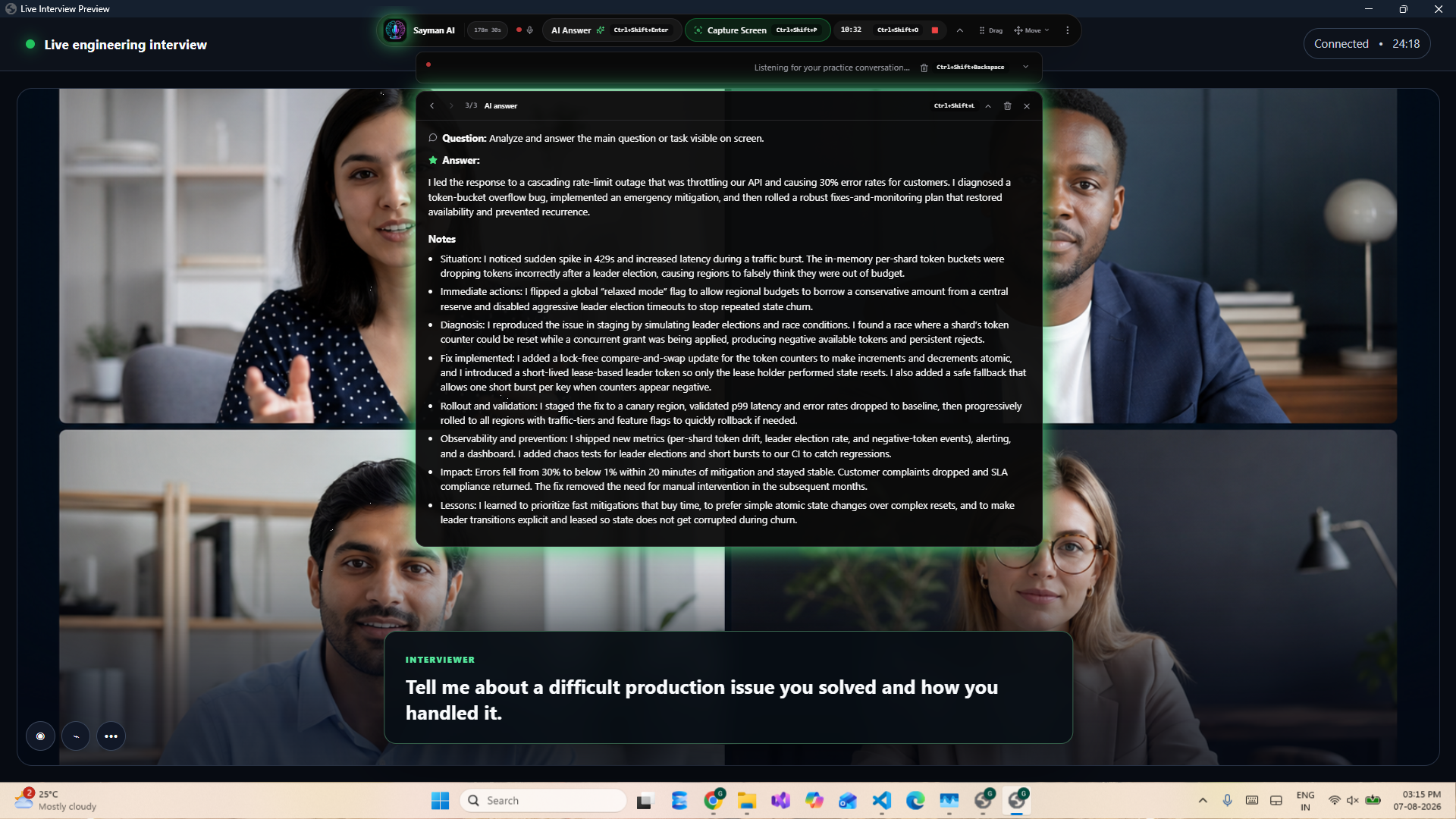 Product example showing a behavioral answer and supporting notes