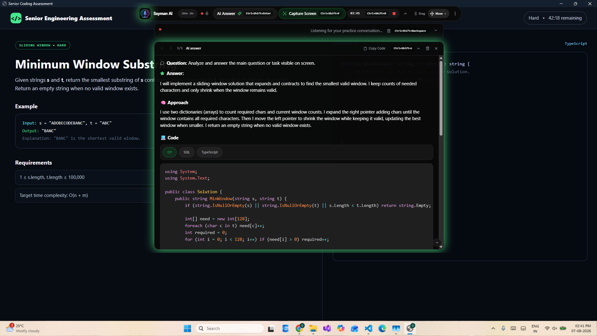 Sayman AI showing a complete coding interview answer over an assessment