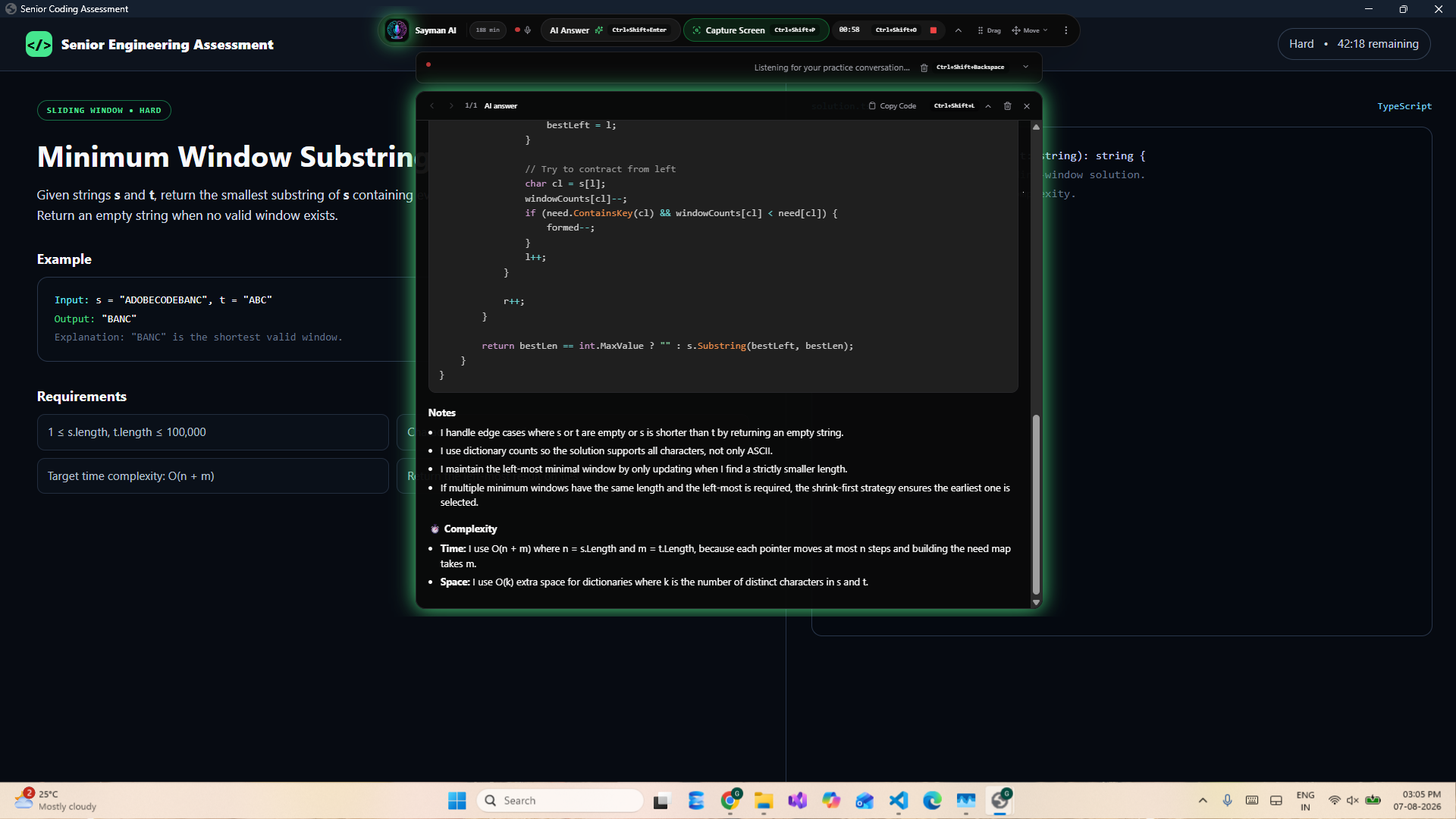 Sayman AI showing concise notes and complexity for a technical answer
